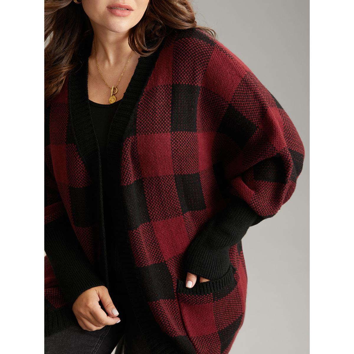 Plus Size Plaid Contrast Open Front Dolman Sleeve Cardigan Scarlet Women Casual Loose Long Sleeve Dailywear Cardigans BloomChic 28/5X Product Image
