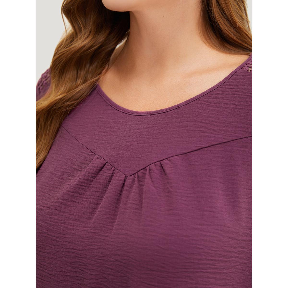 Plus Size Mauve Solid Gathered Lace Patchwork Blouse Women Elegant Elbow-length sleeve Round Neck Dailywear Blouses BloomChic 30/6X Product Image