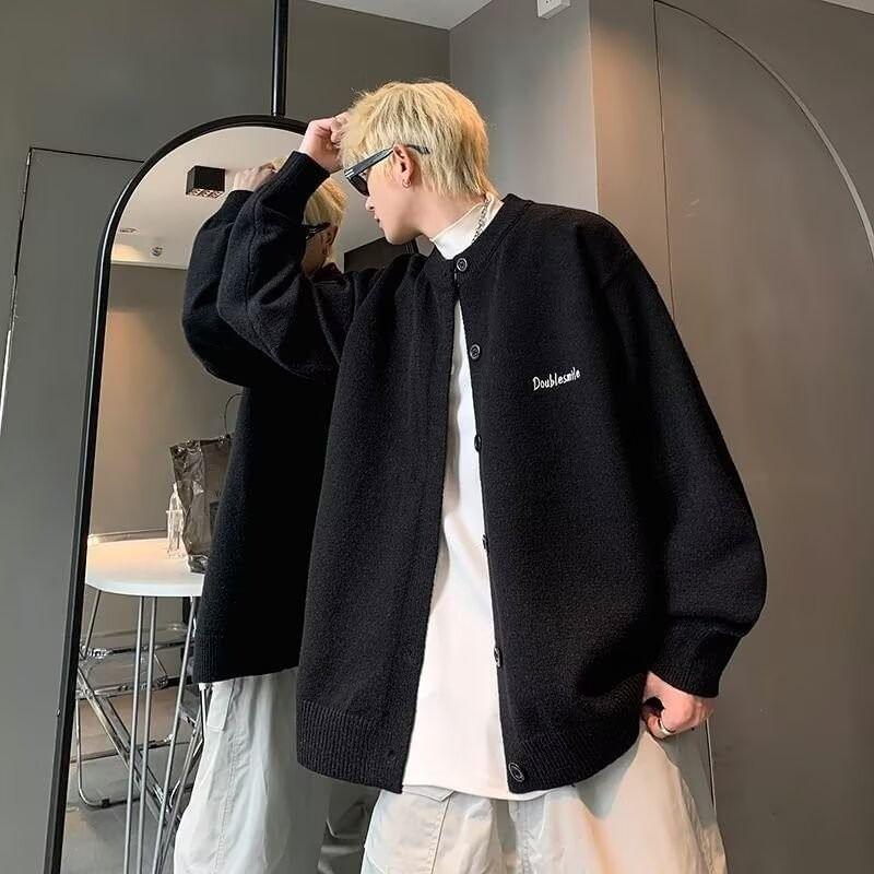 Round Neck Lettering Embroidered Cardigan Product Image