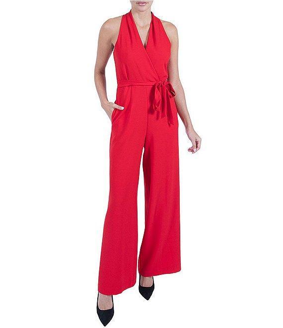 Julia Jordan Stretch Crepe Halter Surplice V-Neck Sleeveless Wide Leg Jumpsuit Product Image