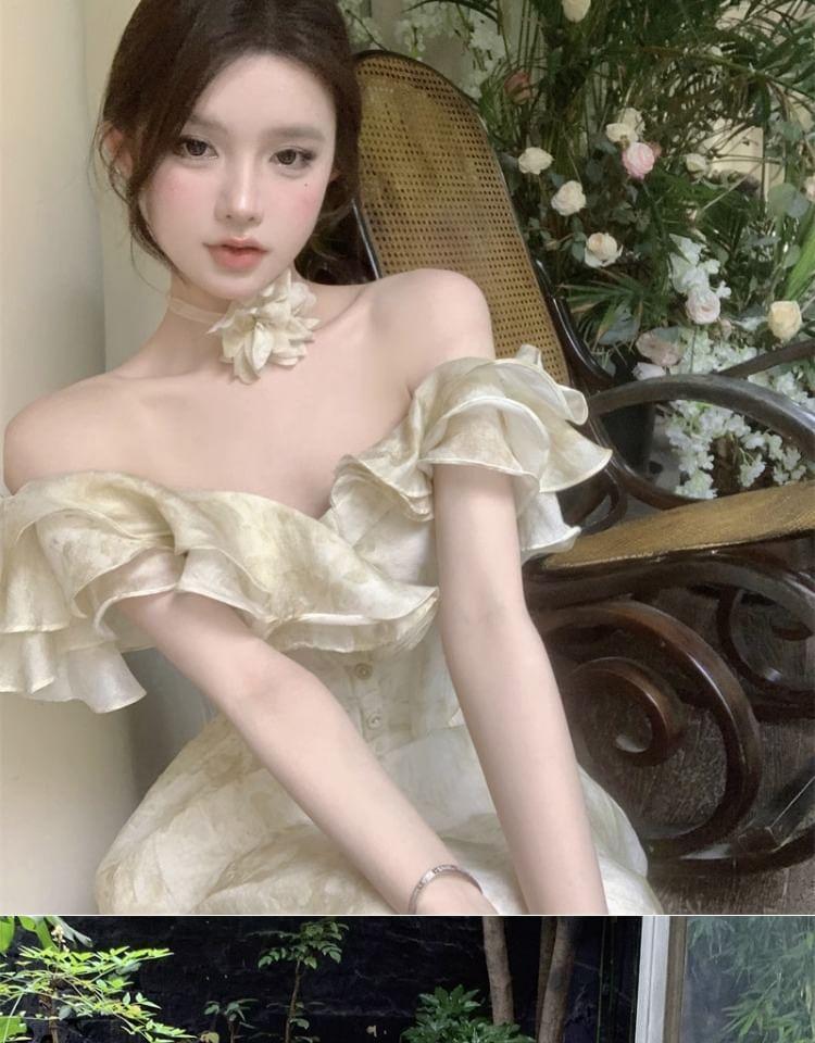 Off-Shoulder Ruffle Trim Half-Button Midi A-Line Dress Product Image