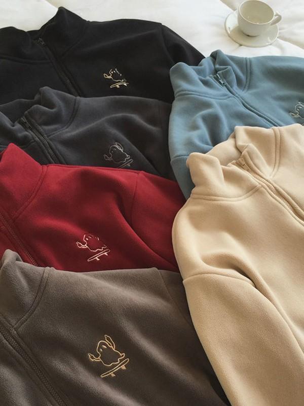 Embroidery Zip Up Fleece Jacket Product Image
