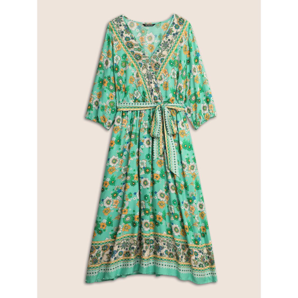 Plus Size Bandana Print Surplice Neck Lantern Sleeve Dress Emerald Women Resort Overlapping Overlap Collar Elbow-length sleeve Curvy Midi Dress BloomChic 18-20/2X Product Image
