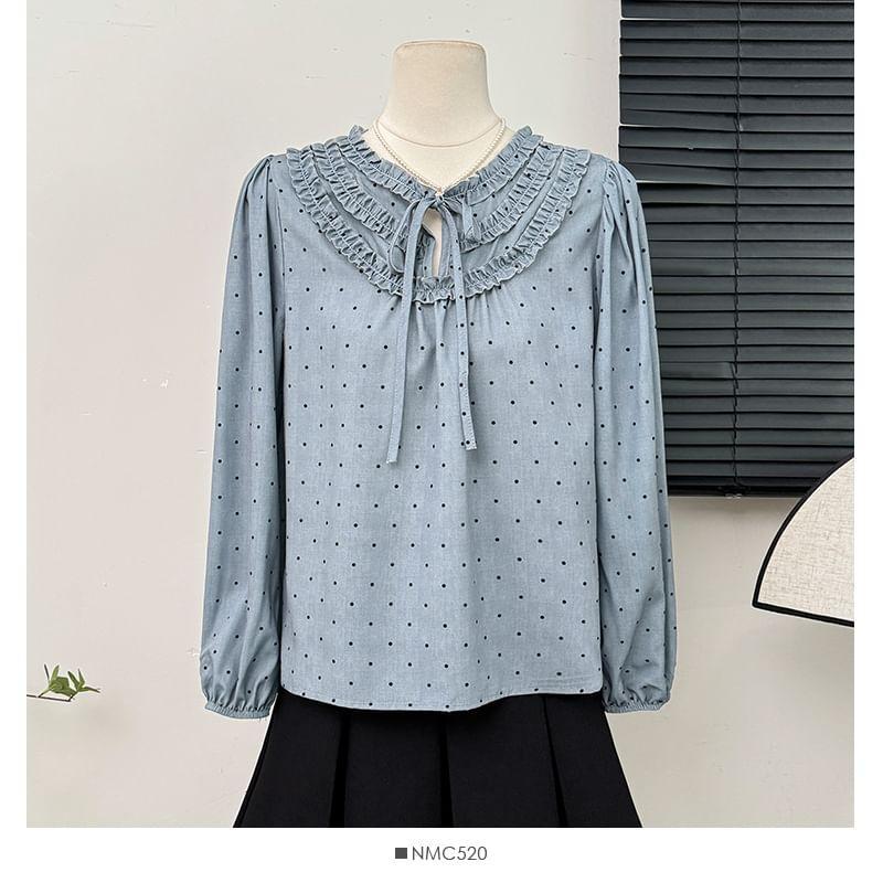 Neckline-Detail Dotted Loose Blouse Product Image
