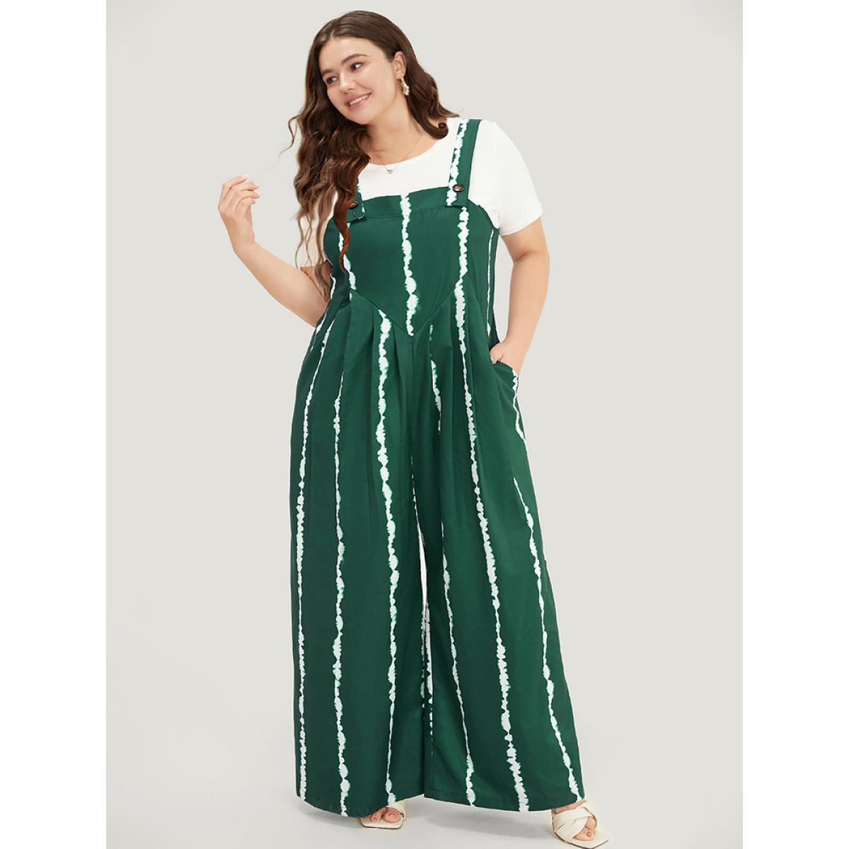 Plus Size DarkGreen Tie Dye Pocket Pleated Detail Overall Jumpsuit Women Vacation Sleeveless Spaghetti Strap Dailywear Loose Jumpsuits BloomChic 12/L Product Image