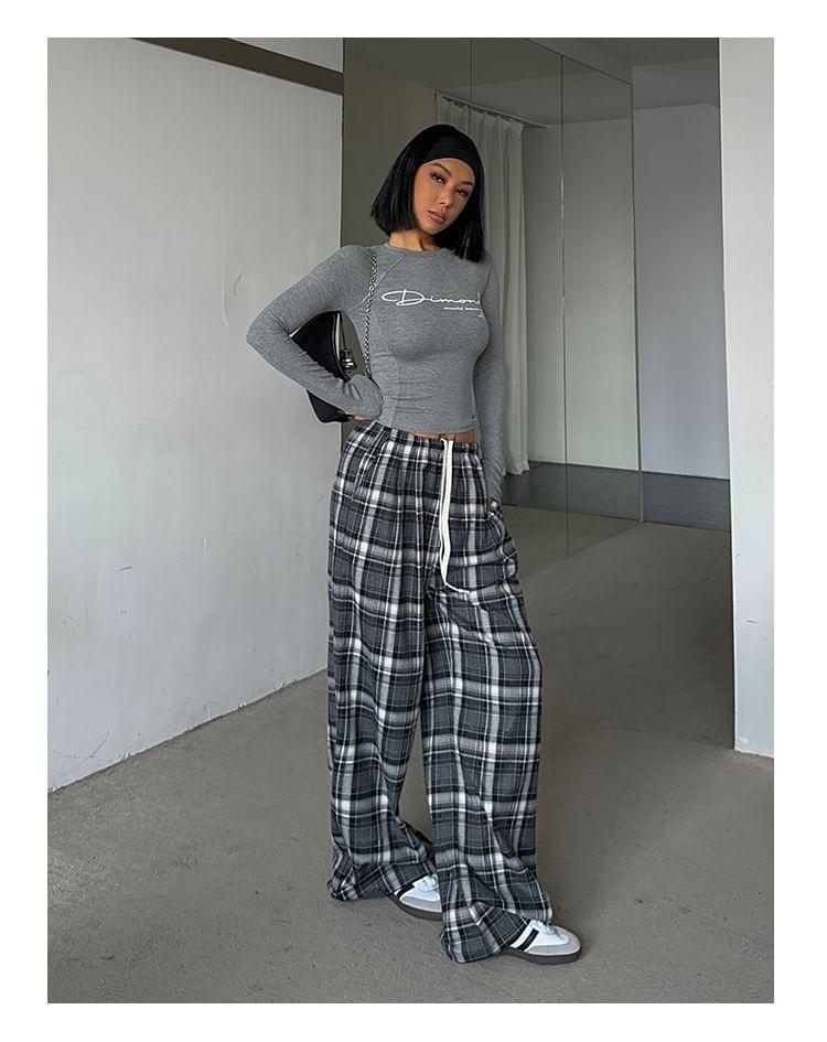 Drawstring Waist Plaid Wide Leg Pants Product Image