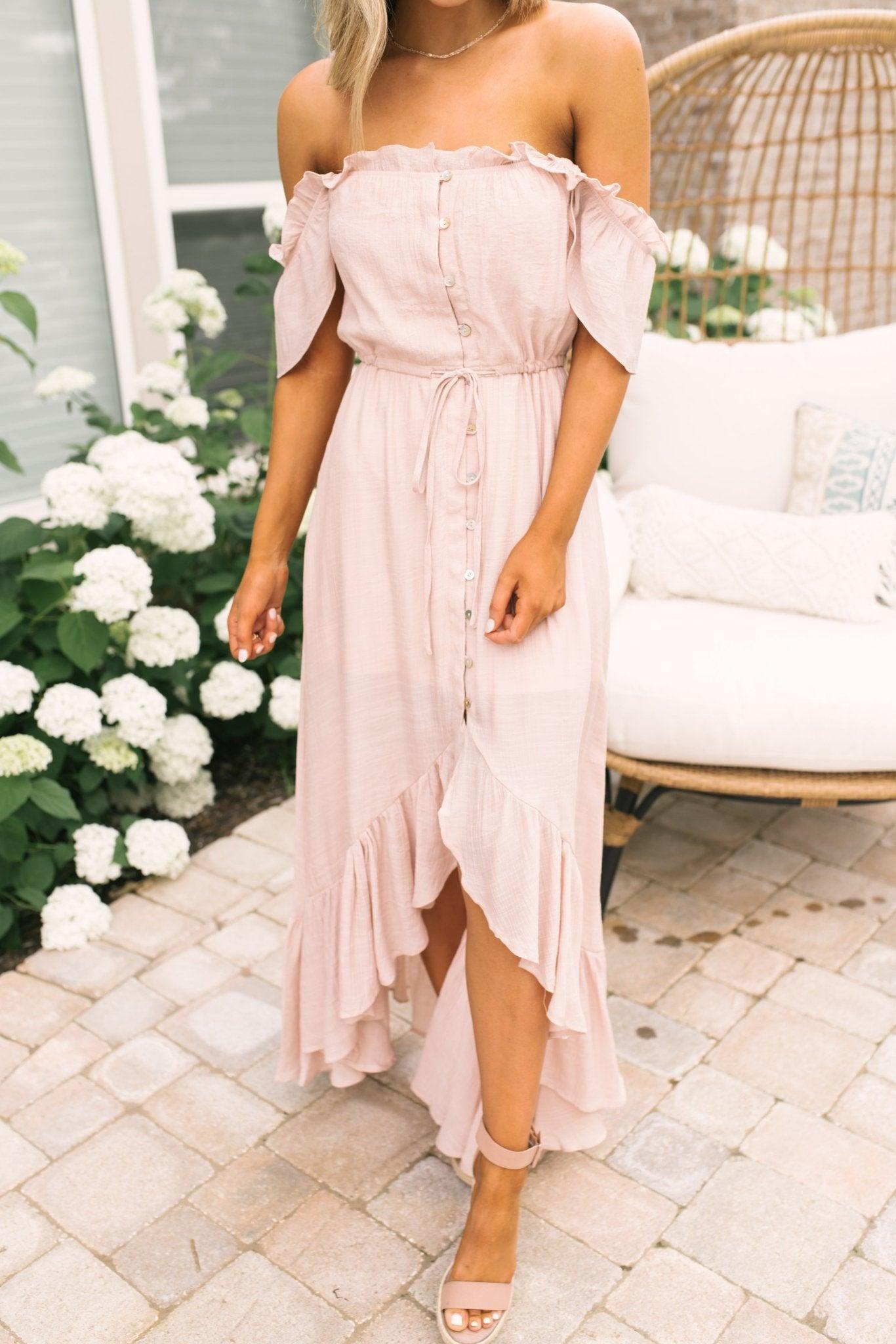 Blush Off the Shoulder Button Down High Low Maxi Female Product Image