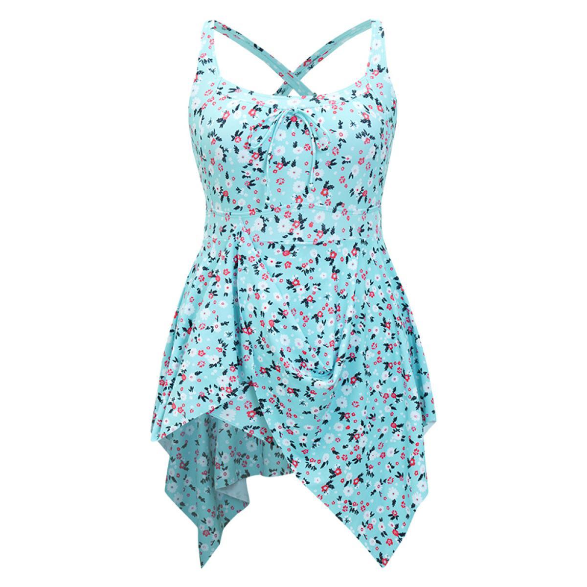 Plus Size Ditsy Floral Knot Front Crossover Hanky Hem Swim Dress Women's Swimwear Turquoise Vacation Bodycon Round Neck High stretch Curve Swim Dresses BloomChic 12/L Product Image