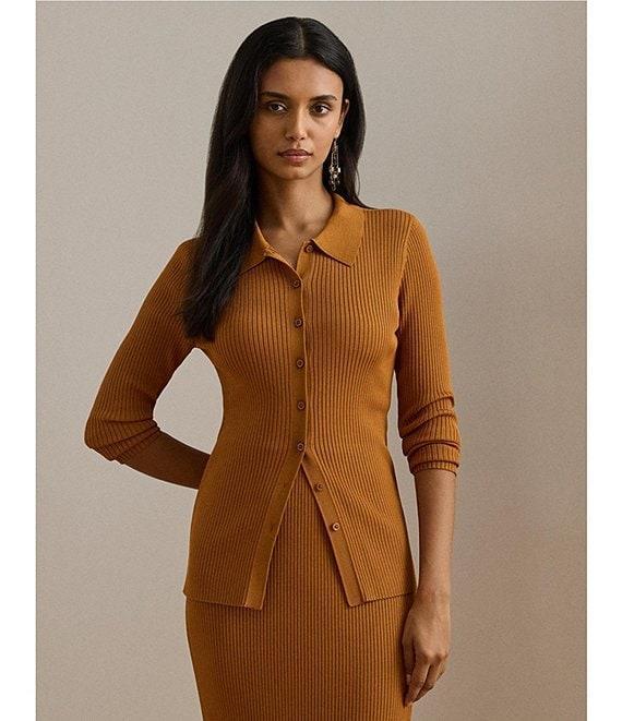 Lauren Ralph Lauren Ribbed Knit Point Collar Long Sleeve Polo Top Product Image