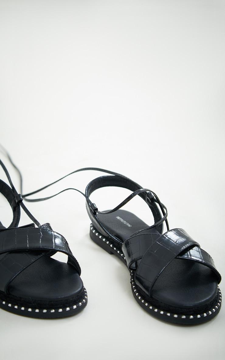 Black PU Croc Cross Over Strap Lace Up Espadrille Sandals Product Image
