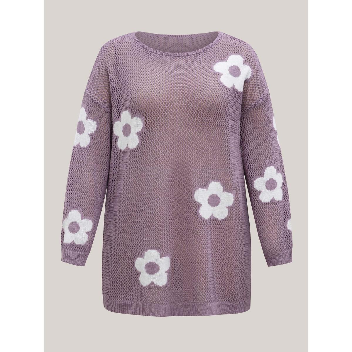 Plus Size Floral Jacquard Cut-Out Ribbed Pullover Mauve Women Beach Loose Long Sleeve Round Neck Vacation Pullovers BloomChic 28/5X Product Image