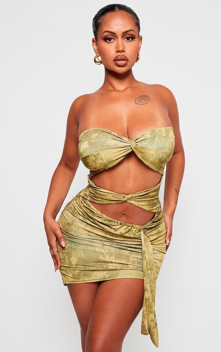 Shape Green Slinky Tie Dye Print Bandeau Twist Front Bodycon Dress Product Image