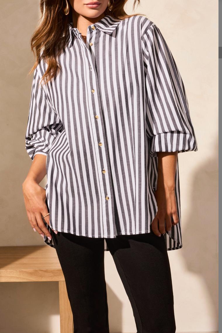 Long Sleeve Stripe Button Up- Black/White Product Image