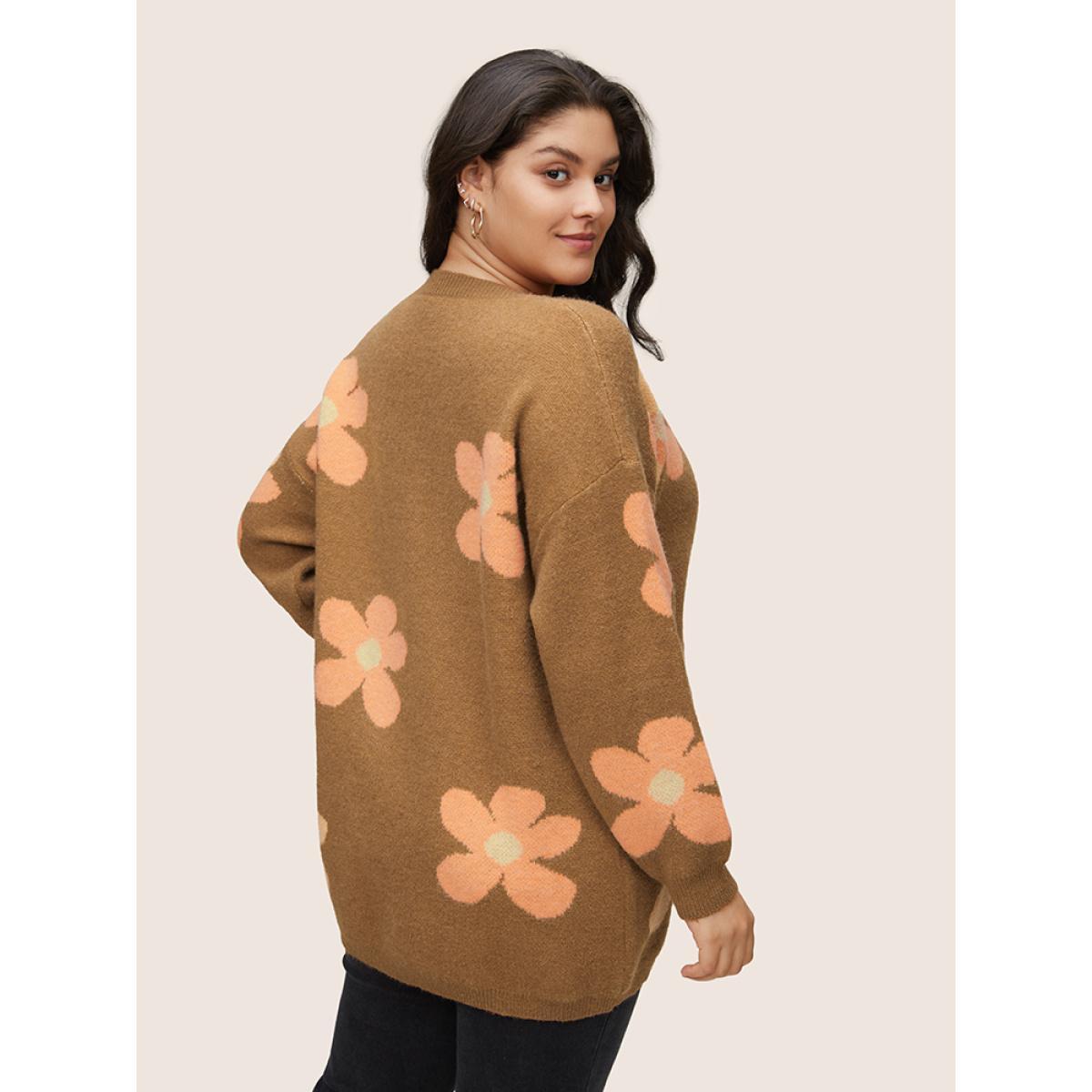 Plus Size Supersoft Essentials Drop Shoulder Floral Jacquard Pullover Chocolate Women Casual Loose Long Sleeve Round Neck Dailywear Pullovers BloomChic 26/4X Product Image