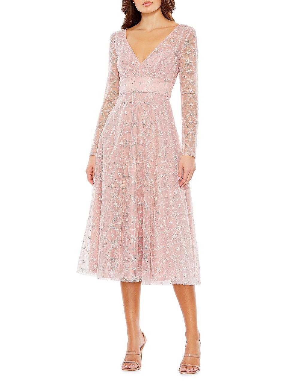 Mac Duggal V-Neck Long Illusion Sleeve Beaded Midi Dress Product Image
