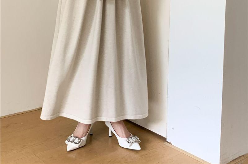 Long-Sleeve Mock Neck Plain Ruched Maxi A-Line Knit Dress Product Image