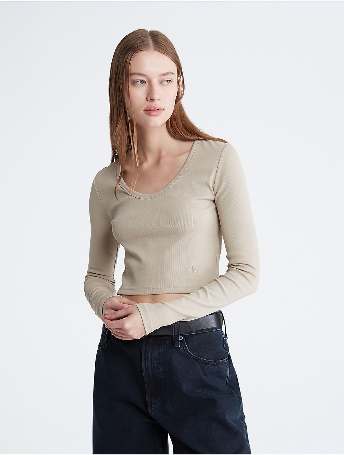 Calvin Klein Womens Cotton Contour Rib Cropped Long Sleeve T-Shirt - Black - L Product Image