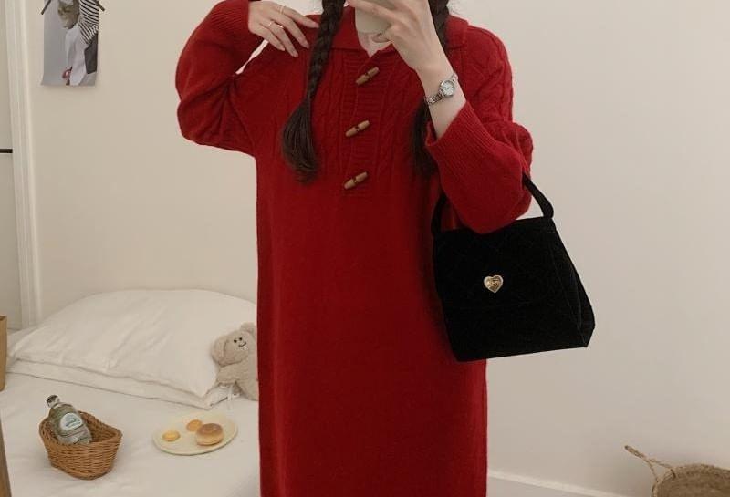 Long-Sleeve Polo-Neck Plain Midi Sweater Dress Product Image