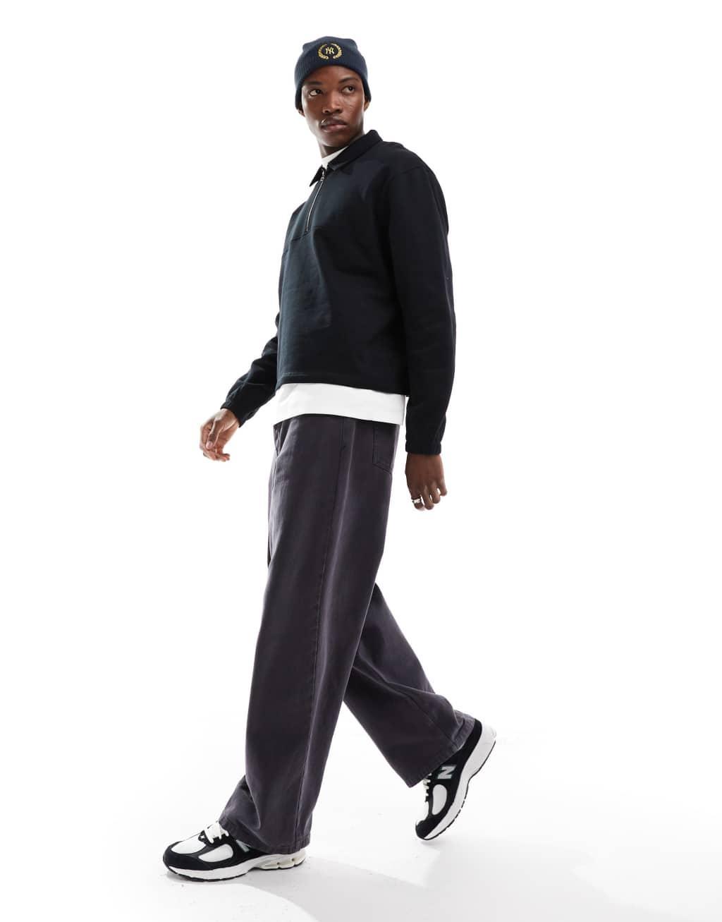 ASOS DESIGN oversized boxy collared sweatshirt in black Product Image
