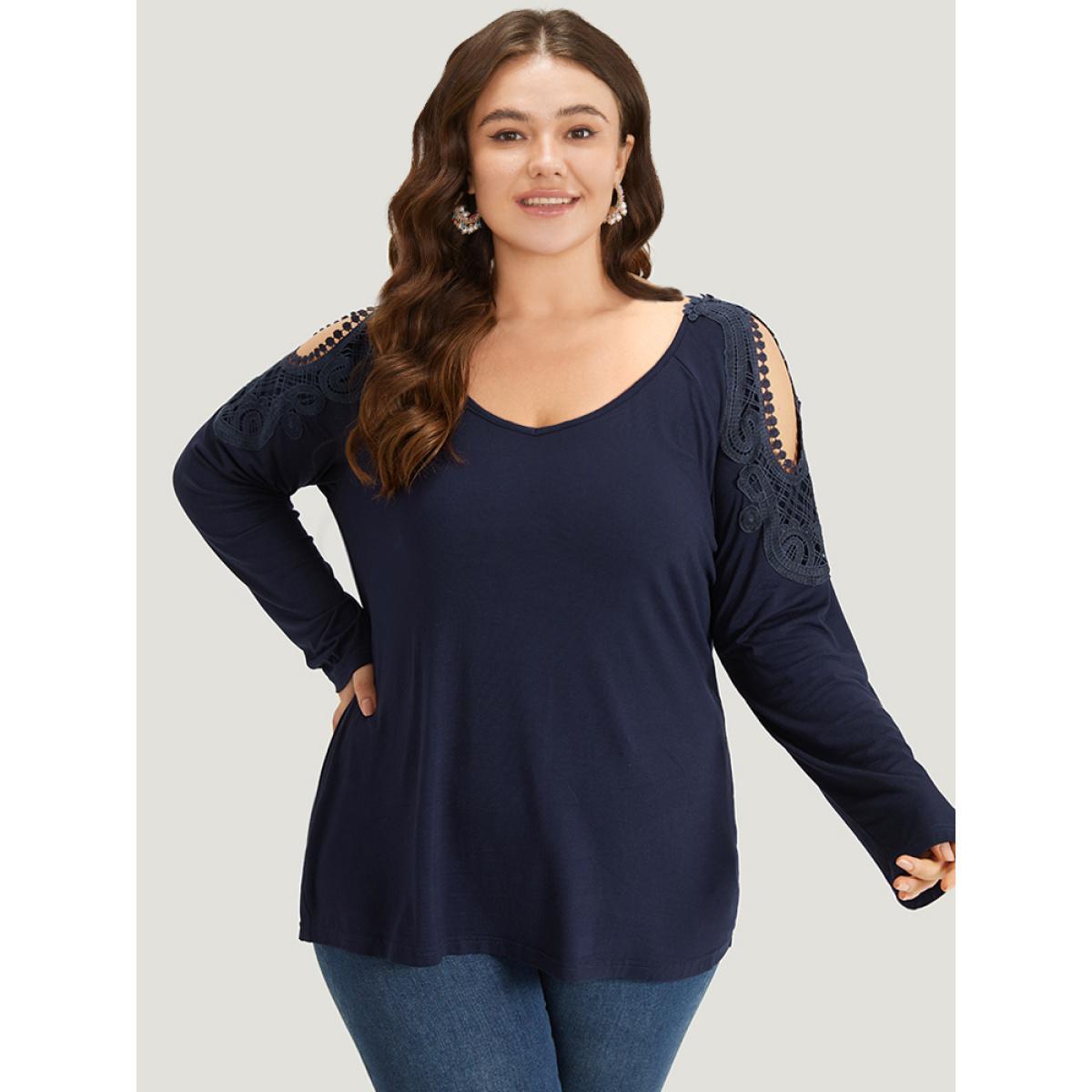 Plus Size Supersoft Essentials Cold Shoulder Eyelet Lace T-shirt Indigo Women Elegant Plain Plain V-neck Dailywear T-shirts BloomChic 14-16/1X Product Image