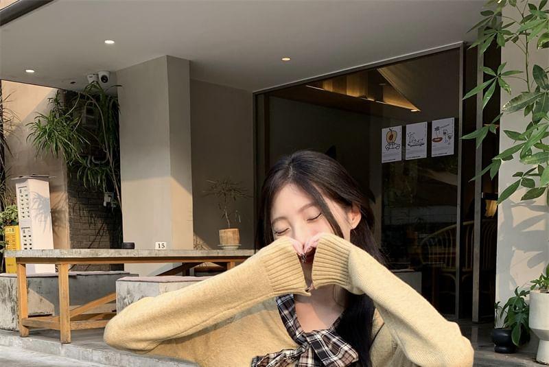 Mock Two-Piece Long-Sleeve Tie-Neck Plaid Panel Button Knit Top / Mid Waist Wide Leg Pants Product Image