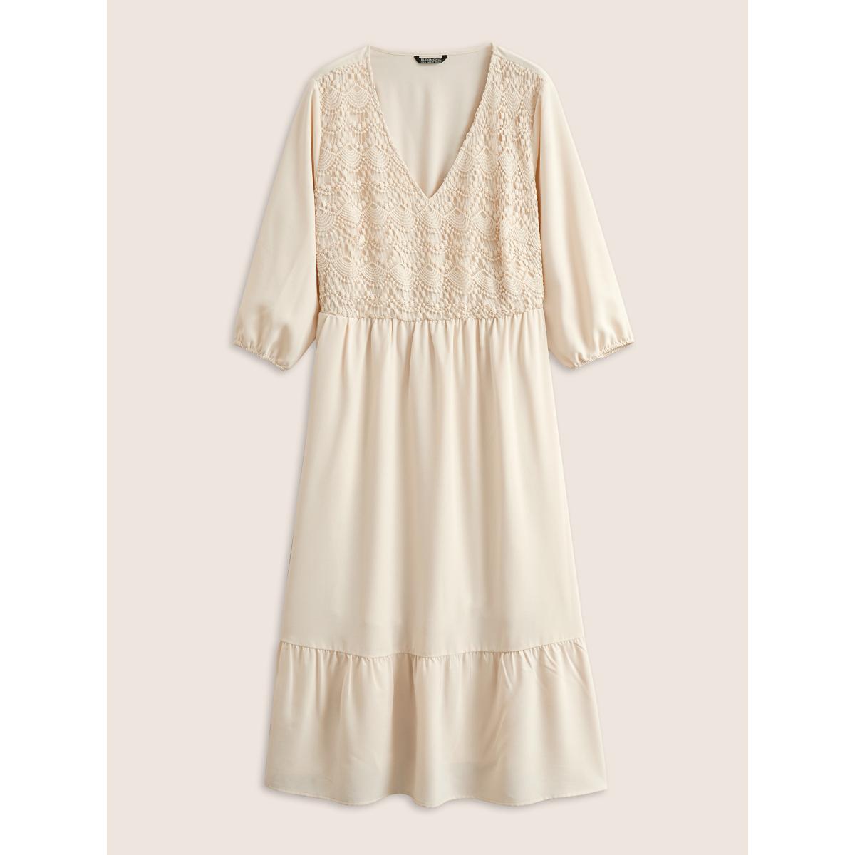 Plus Size Guipure Lace Lantern Sleeve Elastic Waist Dress Apricot Women Resort Non V-neck Elbow-length sleeve Curvy Midi Dress BloomChic 26/4X Product Image