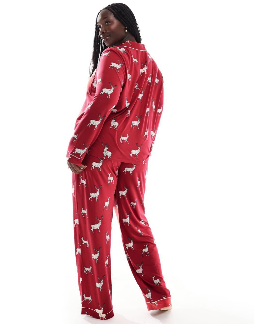 Chelsea Peers Exclusive Curve Christmas His & Hers long sleeve revere top and pants pajama set in reindeer print Product Image