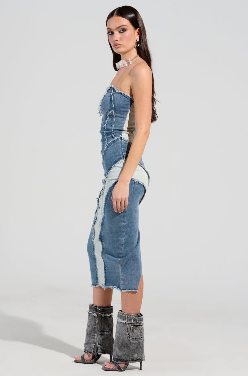 LAYLA DENIM PATCHWORK MIDI DRESS Product Image