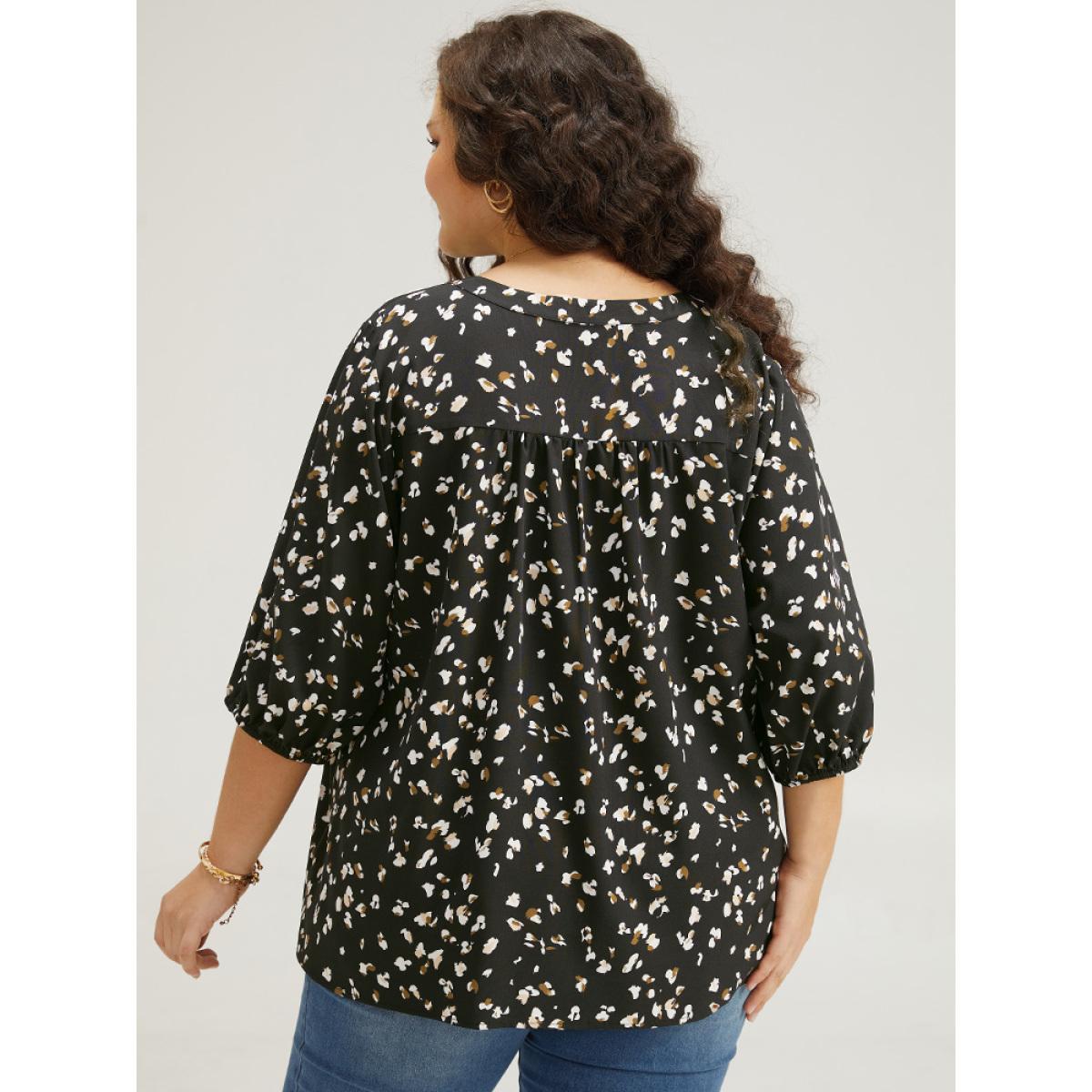 Plus Size Black Allover Print Notched Lantern Sleeve Blouse Women Elegant Half Sleeve V-neck Dailywear Blouses BloomChic 14-16/1X Product Image