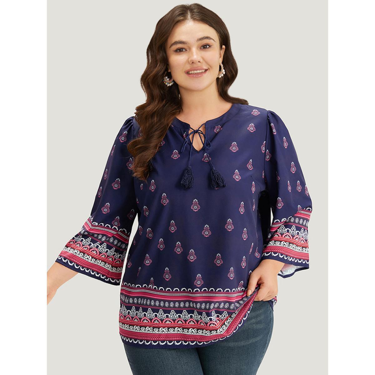 Plus Size Indigo Boho Print Tie Neck Tassel Trim Blouse Women Vacation Elbow-length sleeve V-neck Vacation Blouses BloomChic 26/4X Product Image