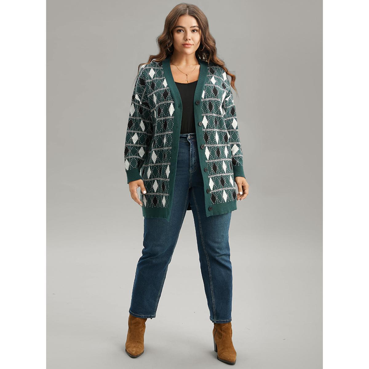 Plus Size Supersoft Essentials Christmas Contrast Geometric Cardigan DarkGreen Women Casual Loose Long Sleeve Festival-Christmas Cardigans BloomChic 22-24/3X Product Image
