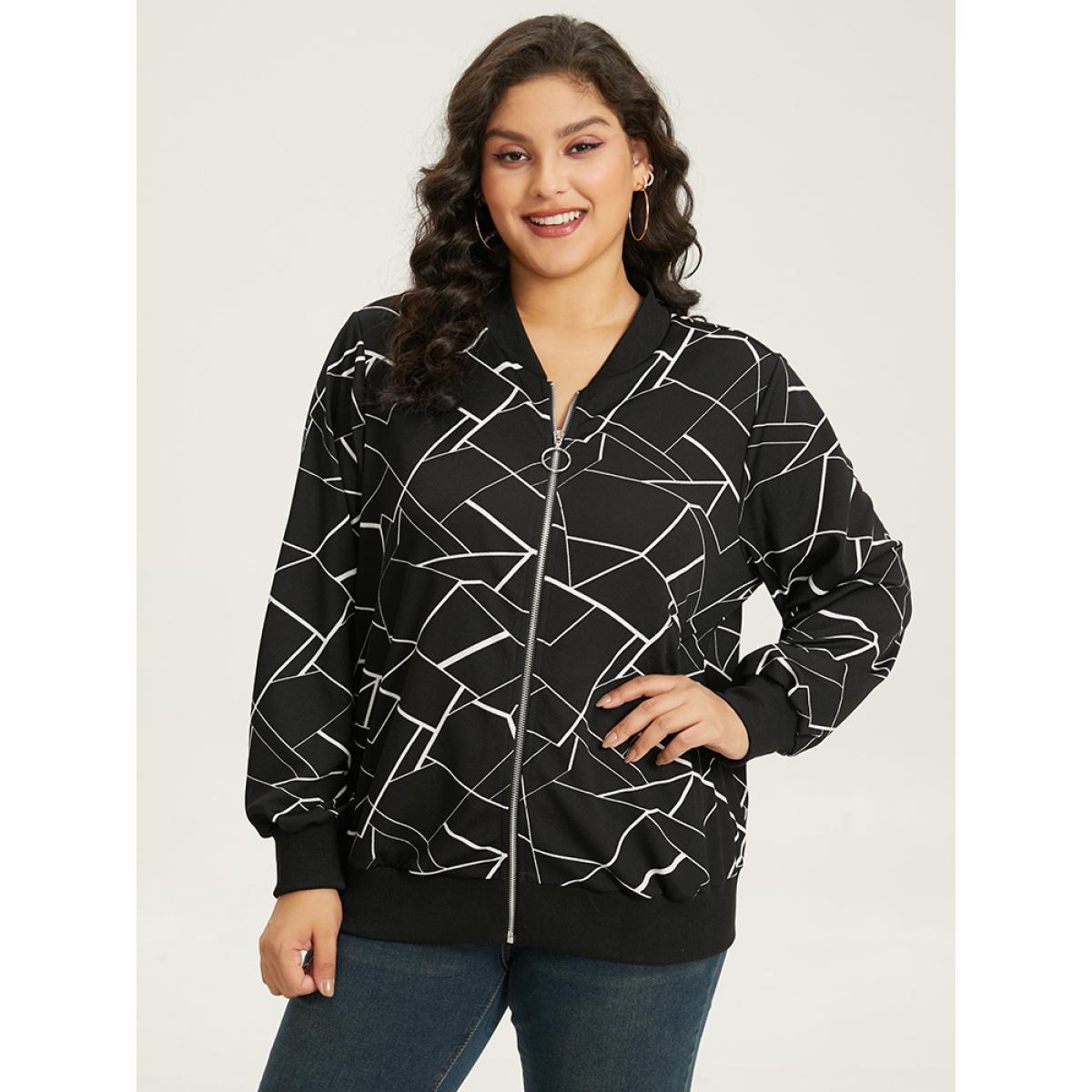 Plus Size Halloween Geometric Graphic Pocket Zipper Elastic Cuffs Jacket Women Black Elastic cuffs Pocket Dailywear Jackets BloomChic 10/M Product Image