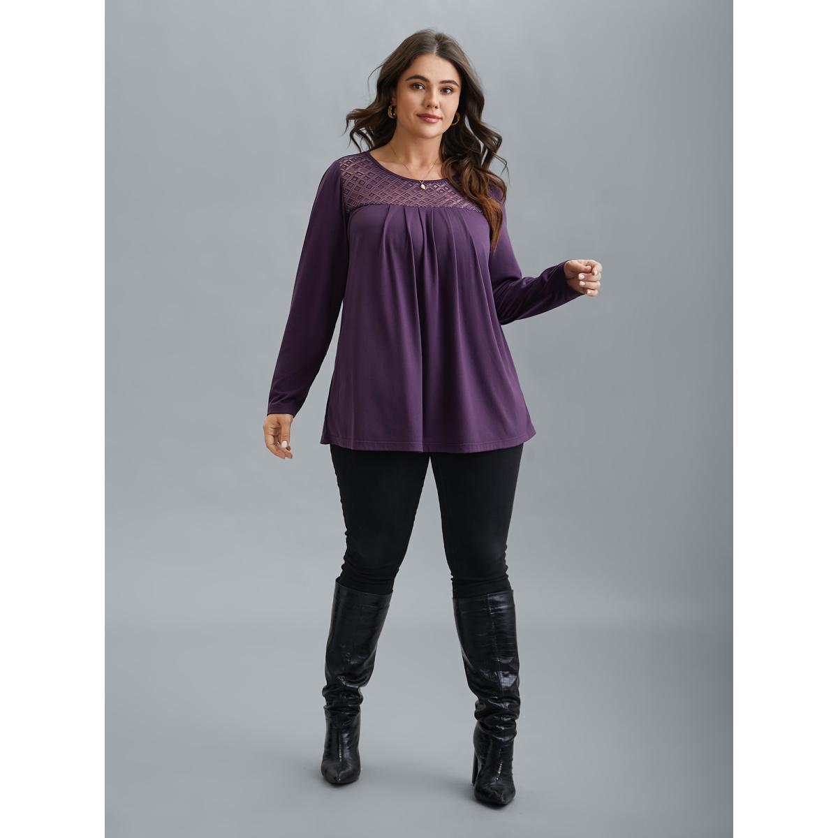 Plus Size Crew Neck Lace Detail Pleated T-Shirt Eggplant Women Elegant See through Round Neck Everyday T-shirts BloomChic 30/6X Product Image