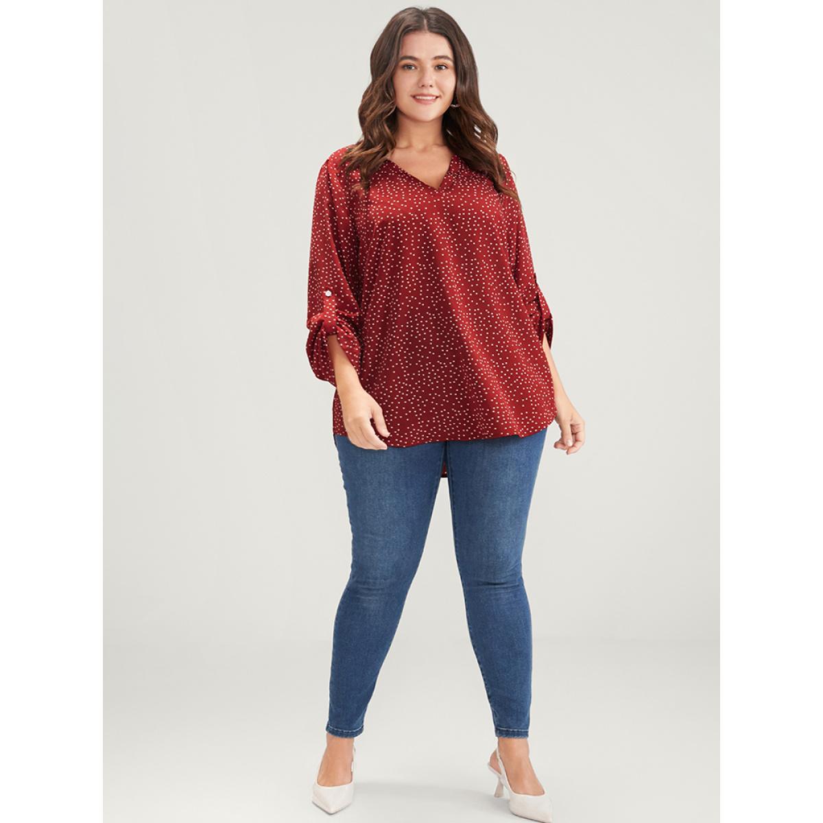 Plus Size Burgundy Polka Dot Roll Sleeve V Neck Blouse Women Elegant Elbow-length sleeve V-neck Dailywear Blouses BloomChic 28/5X Product Image