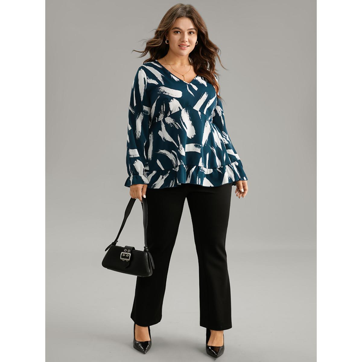 Plus Size Cyan Brush Print Elastic Waist V Neck Ruffles Blouse Women Office Long Sleeve V-neck Work Blouses BloomChic 18-20/2X Product Image