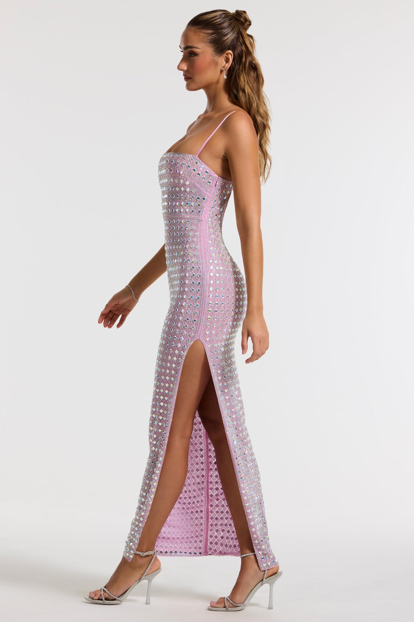 Embellished Square Neck Evening Gown in Lilac Product Image
