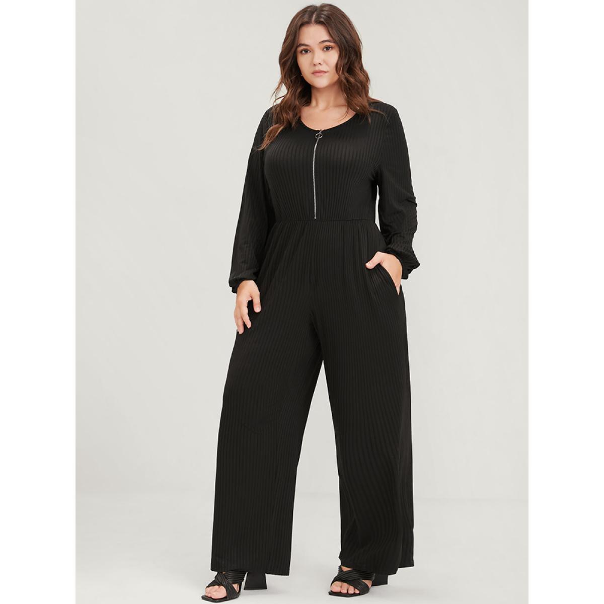 Plus Size Black Plain Zipper Half Lantern Sleeve Pocket Rib Knit Jumpsuit Women Office Long Sleeve Round Neck Work Loose Jumpsuits BloomChic 14-16/1X Product Image
