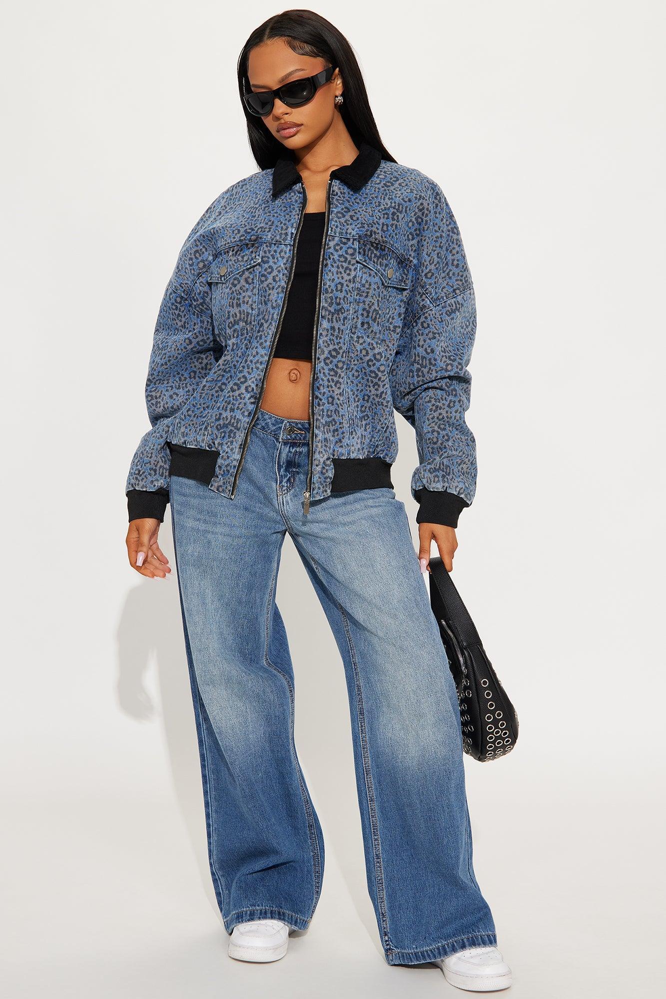 Spotted Out Oversized Denim Bomber Jacket - Medium Wash Product Image
