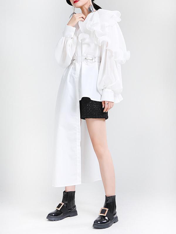 Long Sleeves Loose Asymmetric Pleated Solid Color Split-Joint Falbala Lapel Blouses&Shirts Tops Product Image
