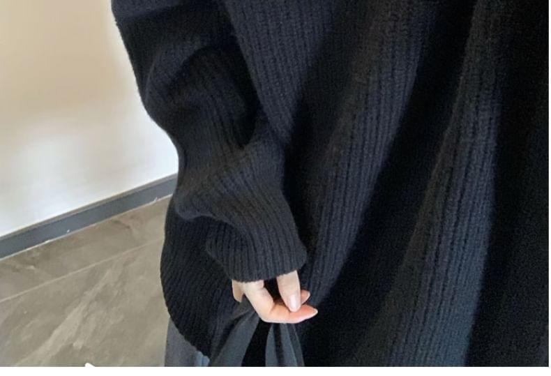 V-Neck Plain Loose-Fit Sweater Product Image