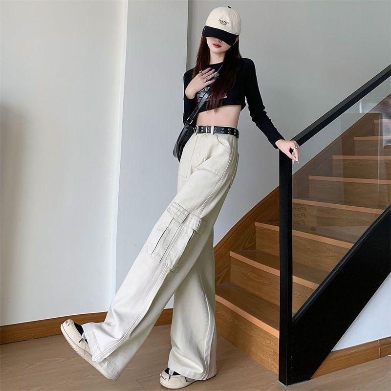 High Waist Plain Fleece-Lined Wide Leg Cargo Pants Product Image