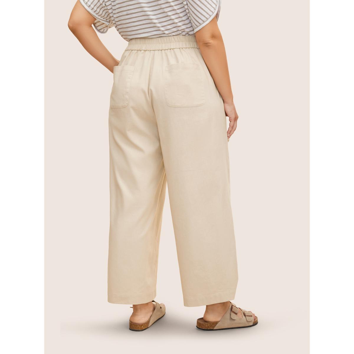Plus Size Cotton Linen Solid Mid Rise Wide Leg Pants Women Beige Casual Wide Leg Mid Rise Everyday Pants BloomChic 30/6X Product Image