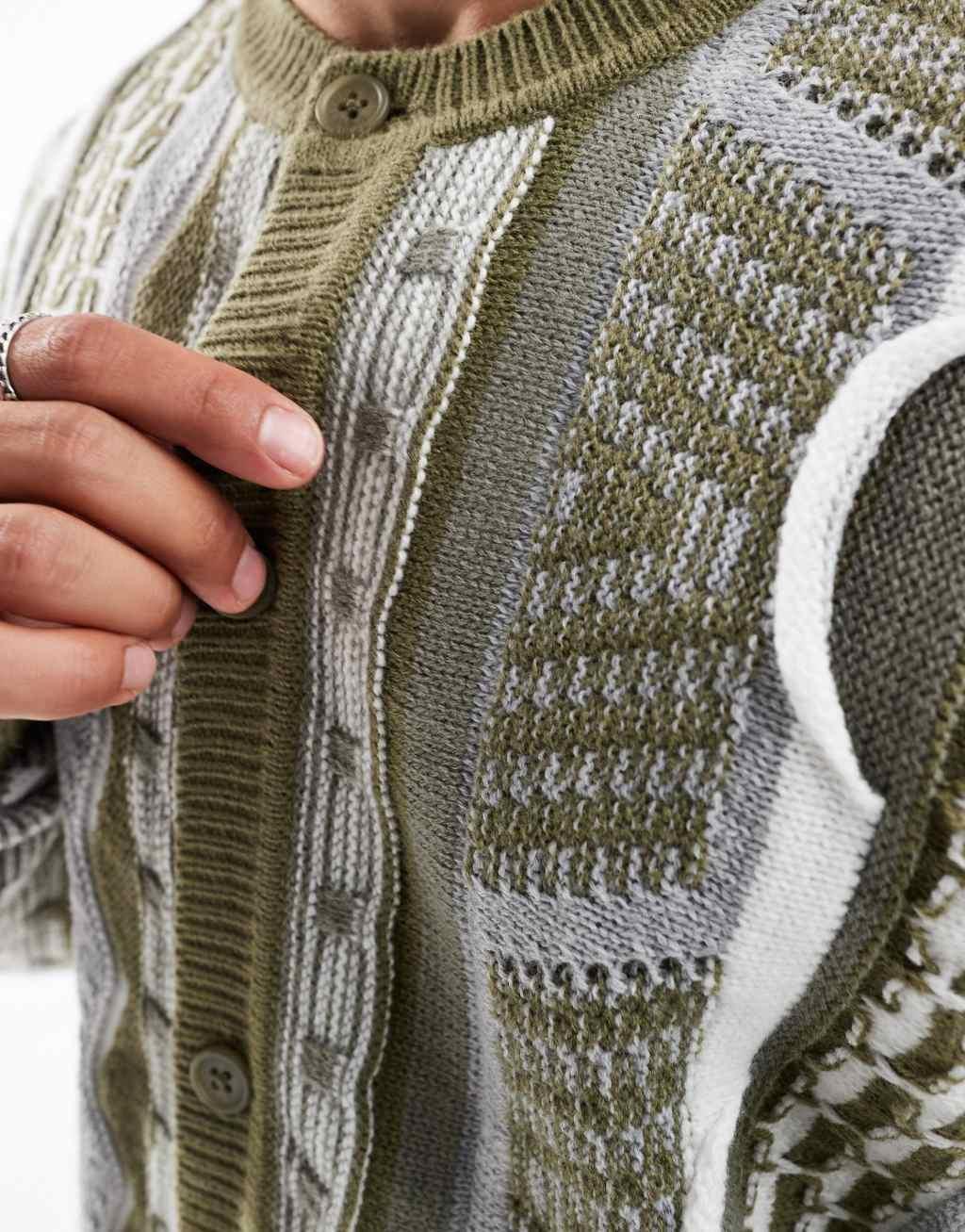 ASOS DESIGN relaxed cable knit crew neck cardigan in textured green stripe Product Image