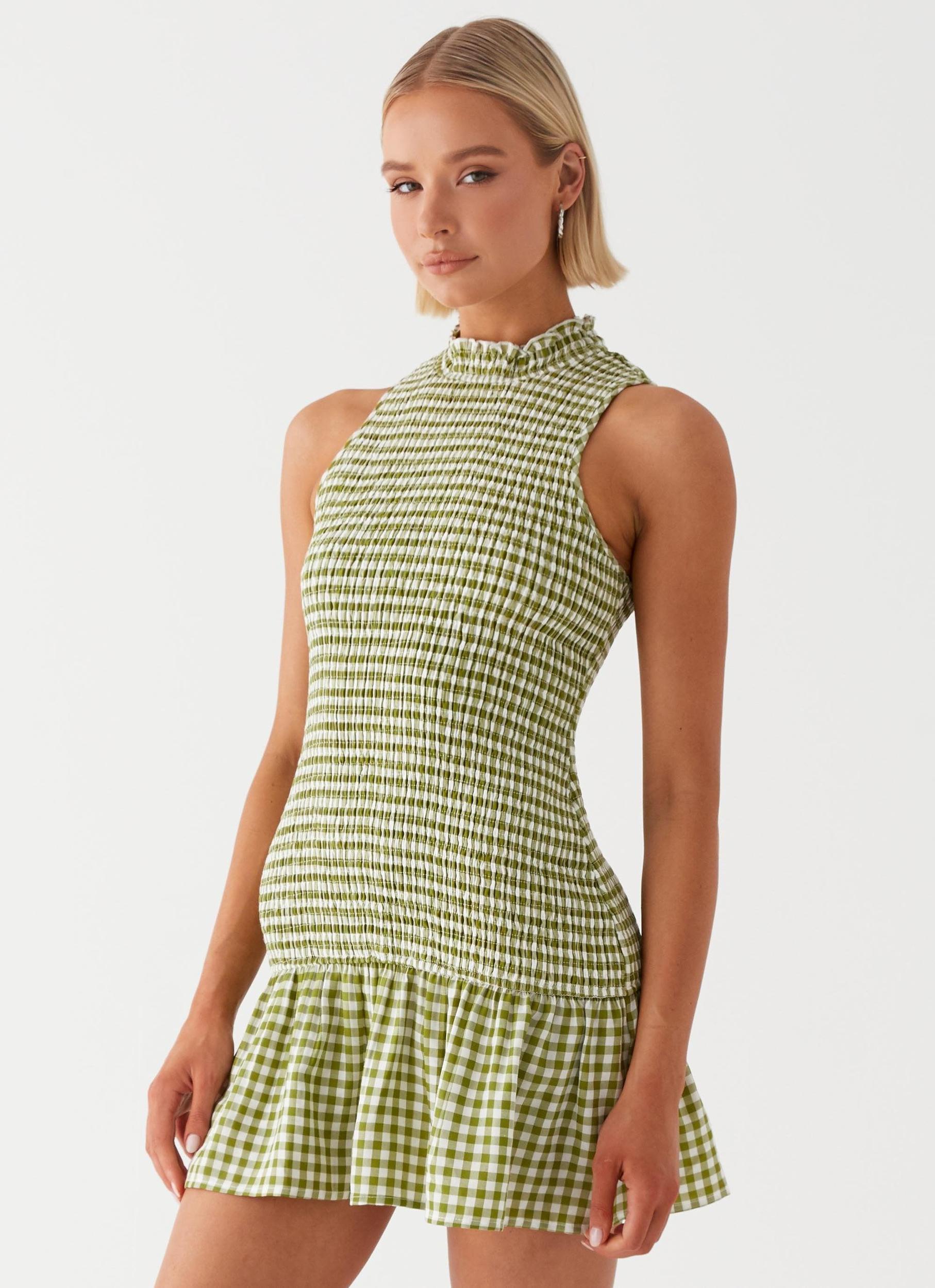 Cassie shirred Mini Dress - Khaki Gingham Product Image