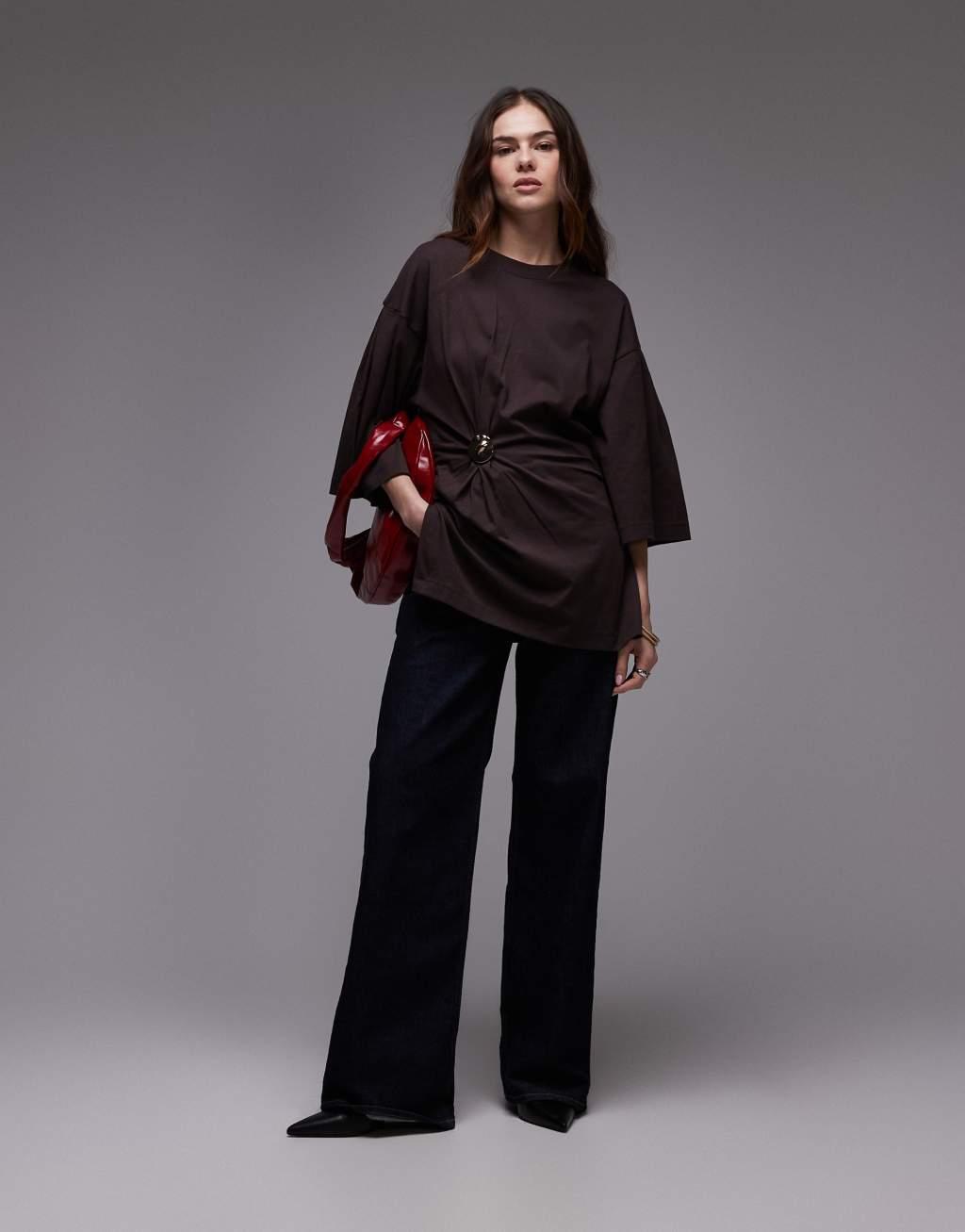 & Other Stories oversize jersey top in brown with asymmetric gold clasp detail  Product Image