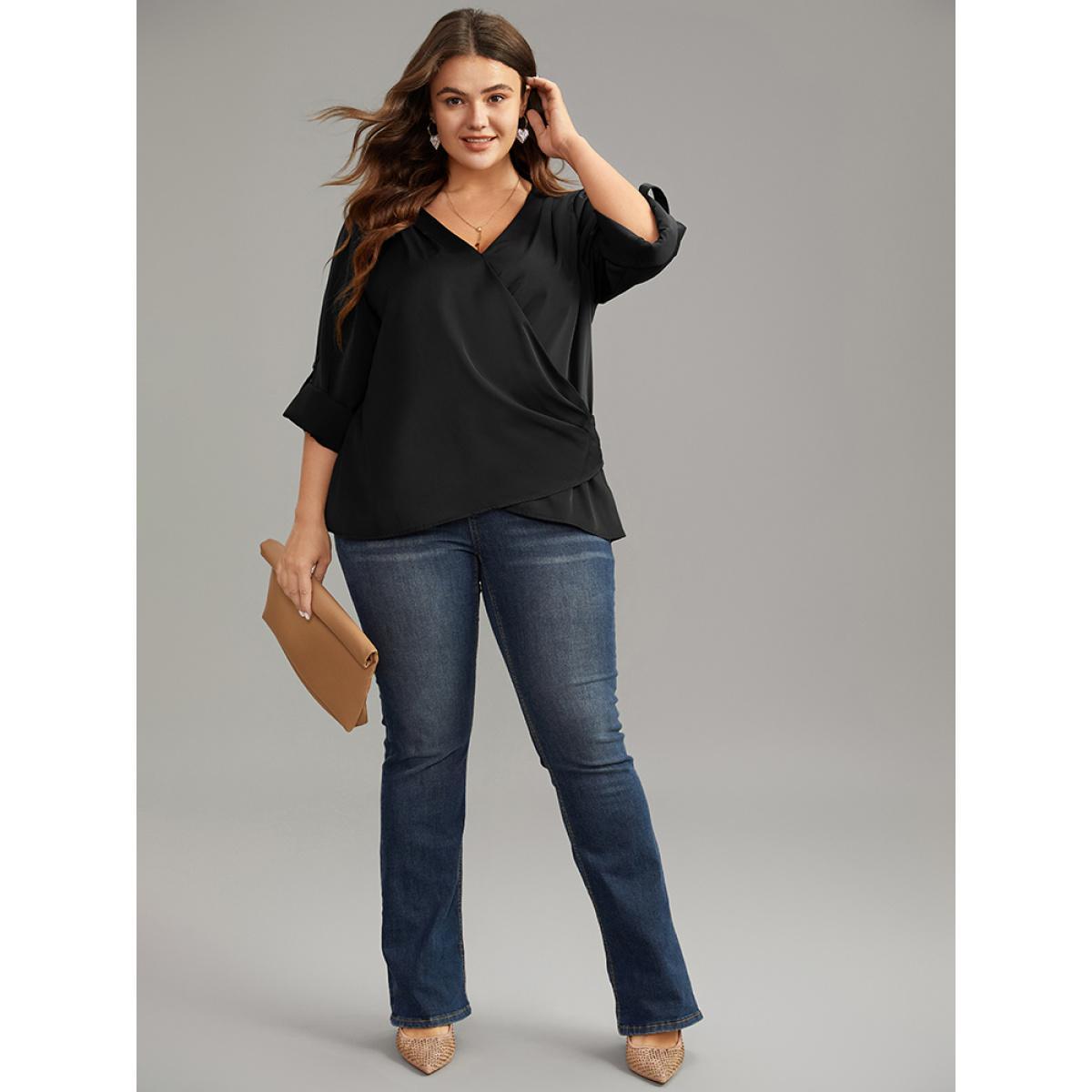 Plus Size Black Plain Tab Sleeve Wrap Pleated Blouse Women Work From Home Long Sleeve V-neck Work Blouses BloomChic 10/M Product Image