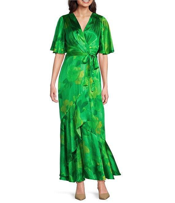 Taylor Printed Satin Crinkle Crepe Surplice V-Neck Short Flutter Self Tie Belt Faux Wrap Maxi Dress Product Image