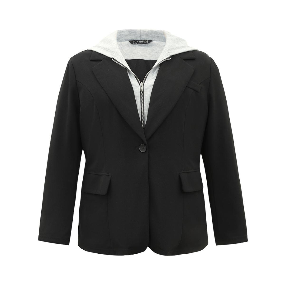 Plus Size Contrast Patchwork Zipper Button Up Hooded Blazer Black Women Dailywear Plain Lined Sleeve Long Sleeve Hooded 12/L Pocket Casual Blazers BloomChic Product Image