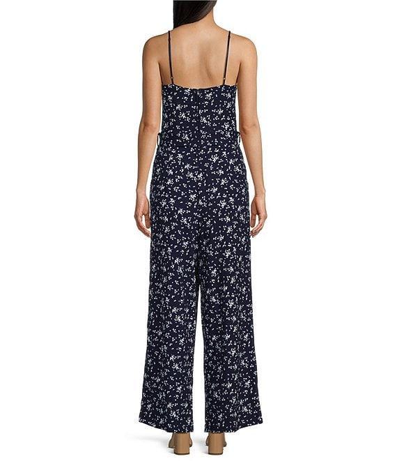 Honey and Rosie Printed Scuba Crepe Sweetheart Neck Spaghetti Strap Belted Jumpsuit Product Image
