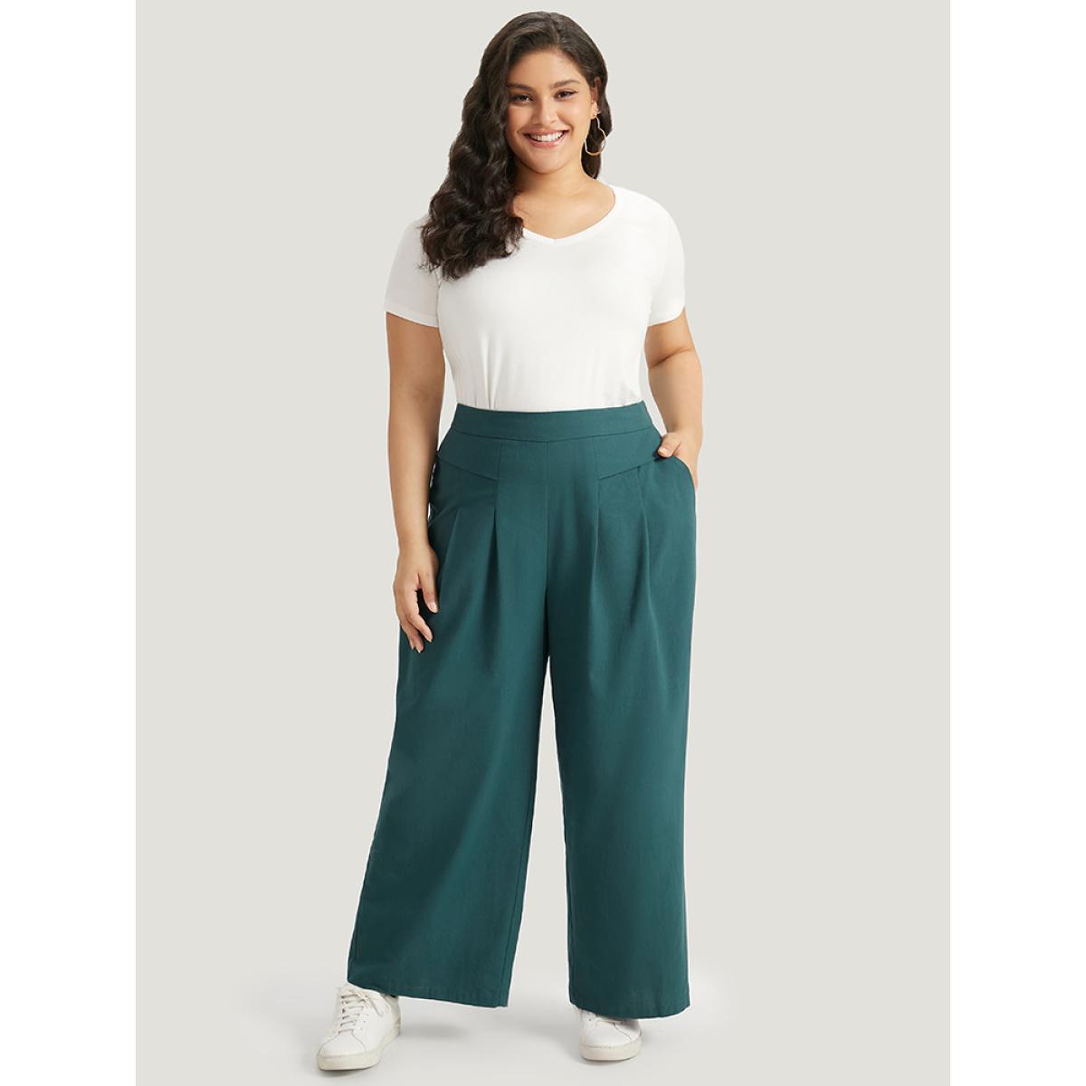 Plus Size Plain Pocket Elastic Waist Plicated Detail Pants Women Cyan Casual Straight Leg High Rise Everyday Pants BloomChic 12/L Product Image